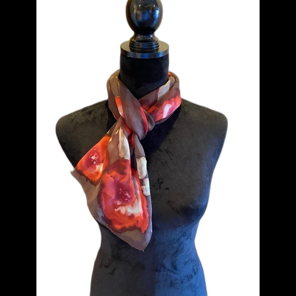 Scarf Silk like ‎ Brown with Dark Orange Flowers Perfect for Spring Versatile
